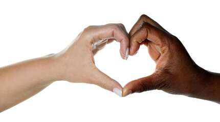Stop racism. People of different skin colors making heart with hands on white background, closeup