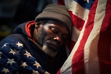 Homeless african american man wrapped in american flag sitting on city street. Social issues, poverty and patriotism concept. Urban life documentary photography