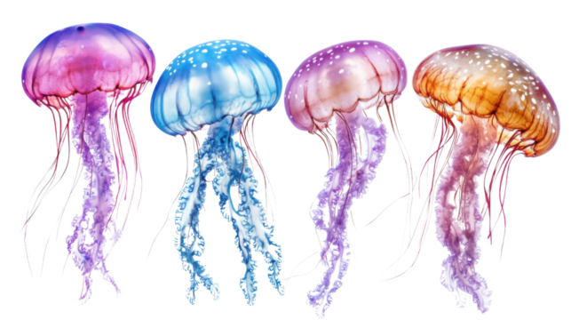 Four colorful jellyfishes swimming on transparent background