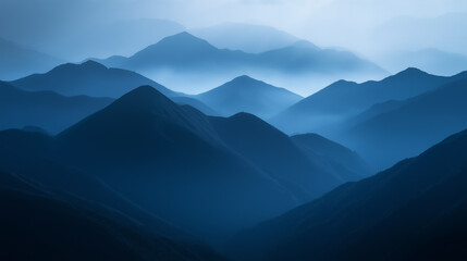 Obraz premium Landscape with abstract gradient of mountain peaks in blue colors, natural travel outdoor background
