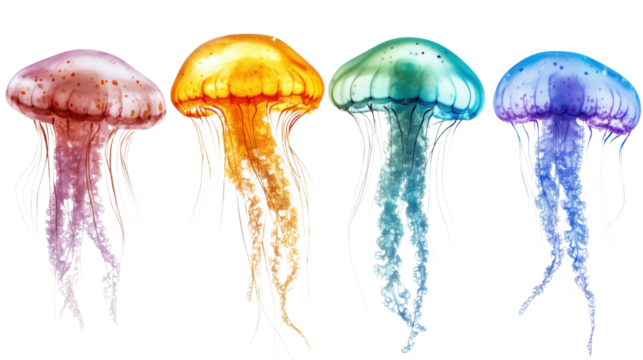 Four colorful jellyfish swimming on transparent background