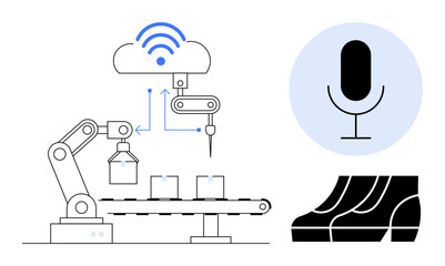 Robotic arm moves boxes on conveyor under cloud wireless, indicating smart automation. Diagram microphone highlights voice control. Ideal for Industry 4.0, AI, IoT, robotics, manufacturing smart