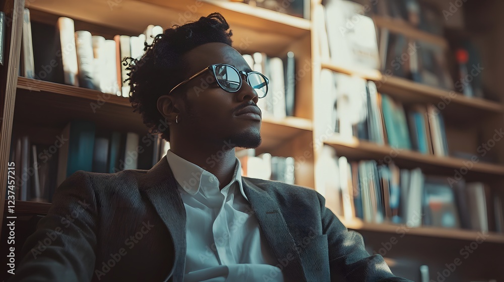 Poster thoughtful businessman in a library surrounded by bookshelves deeply engrossed in consulting and ana