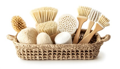 Bamboo Brushes Sponges And Cleaning Tools In A Basket
