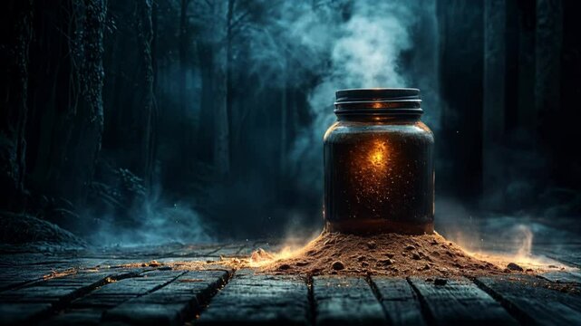 Enchanted Firefly Jar in Dark Forest: Mystical Nighttime Landscape Video with Glowing Lights and Smoke Effects