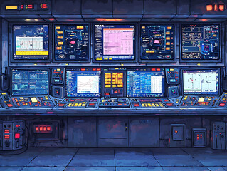 Cyberpunkstyle control room illustration.  Multiple screens display data streams and graphs, showcasing a futuristic technology aesthetic.