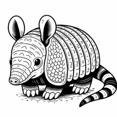 Black-and-white line art of a cute armadillo with bold outlines and patterns