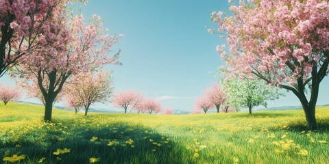 Obraz premium trees in full bloom, their flowers bright and eye-catching, set under an expansive sky with no clouds, emphasizing the vibrancy of nature