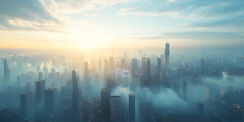 Aerial view of futuristic city skyline at sunrise | Modern metropolis with fog and skyscrapers