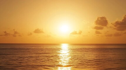 Naklejka premium Golden sunset over calm ocean, serene evening sky, tranquil waters, nature scene, travel photography