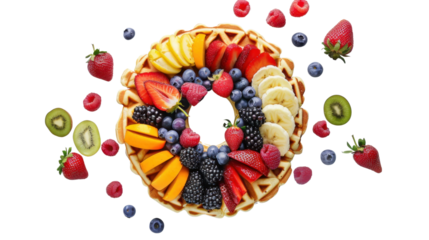 Waffle ring decorated with fresh fruits on transparent background