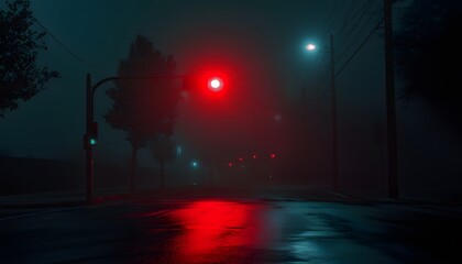 Foggy Night Street Scene Red Traffic Light Illumination