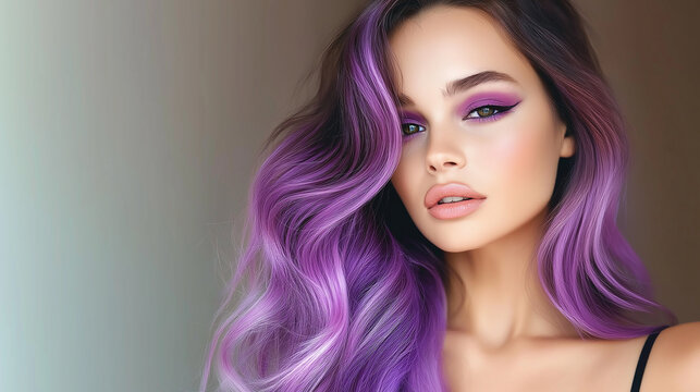 Beautiful model showing long wavy purple hair and matching makeup