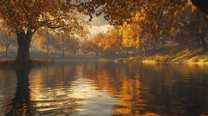 Obraz premium Golden Autumn Reflections on Calm Water with Overhanging Trees in the Background