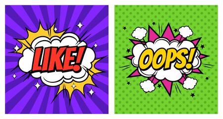 A set of speech bubbles. Comic text sound effects. Banner, poster, sticker concept. Vector bright cartoon messages. Anime Pop art style