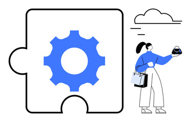 Woman holding a coffee cup next to a large puzzle piece featuring a gear symbol, with cloud icon. Ideal for problem-solving, teamwork, productivity, organization, innovation, mechanics, strategy