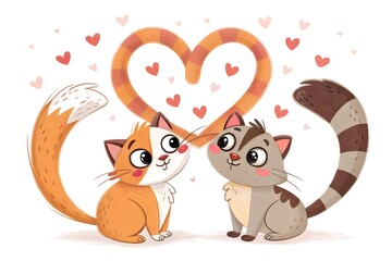 Fototapeta premium Two cartoon cats with tails creating a heart shape on a white background. Valentine's Day illustration for love and romance themes 