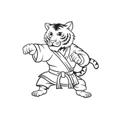Obraz premium cartoon tiger posing karate mascot character design vector, logo template isolated on white background