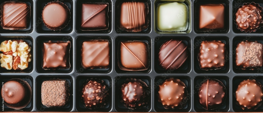Poster food delivery concepts. assorted chocolates arranged in a box with various textures and shapes.