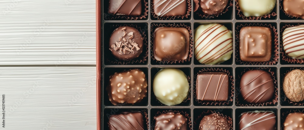Poster food delivery concepts. assorted chocolates in a box, arranged in a grid pattern.
