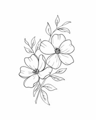 Fototapeta premium Delicate Hand-Drawn Floral Design with Elegant Flowers and Soft Leaves, Beautiful Line Drawing of Blossoms and Greenery, Intricate Floral Illustration