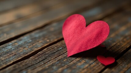 Fototapeta premium Rustic Wooden Surface with Two Red Paper Hearts, a Symbol of Love and Affection