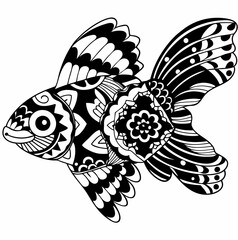 Intricate Ornate Fish Illustration with Floral Patterns, Decorative Black and White Fish Design with Artistic Details, Elegant Fish Artwork with Geometric and Floral Motifs, Beautifully Detailed Fish 