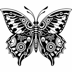 Intricate Black and White Butterfly Design with Floral and Geometric Patterns, Detailed Butterfly Illustration with Decorative Wings, Elegant Butterfly Artwork with Ornate Elements, Artistic Butterfly