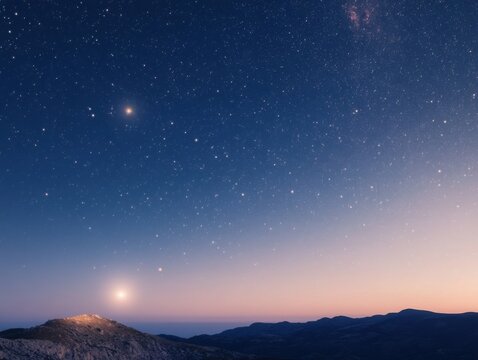 Stunning night sky over mountain landscape with visible stars and atmospheric glow at dusk