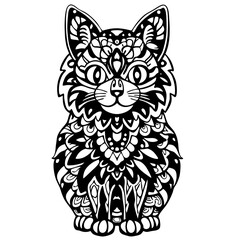 Intricate Mandala-Inspired Cat Design, Detailed Black and White Cat Illustration with Ornate Patterns, Spiritual and Artistic Cat with Decorative Floral Motifs
