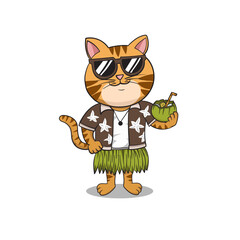 Vector illustration of a character cat and drink coconut