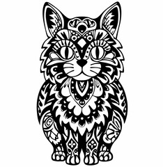 Obraz premium Intricate Mandala-Inspired Cat Design, Detailed Black and White Cat Illustration with Ornate Patterns, Spiritual and Artistic Cat with Decorative Floral Motifs