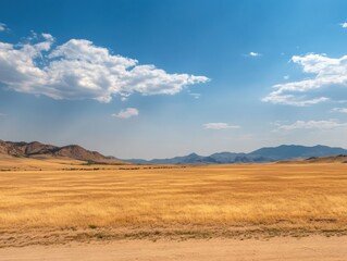 Obraz premium Vast golden plains under clear blue sky with distant mountains