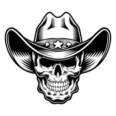 Wild West Sheriff Skull with Cowboy Hat and Star, Bold Skull Wearing Western Hat, Vintage Sheriff Skull Design, Bold Western Symbol with Skull and Star