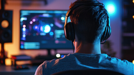 Obraz premium A professional using a headset for an online coaching session, with soft natural lighting highlighting the home setup.