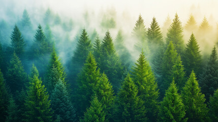 Fototapeta premium Misty landscape with fir forest. Misty pine forest during sunrise
