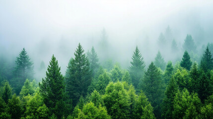 Fototapeta premium Misty landscape with fir forest. Misty pine forest during sunrise