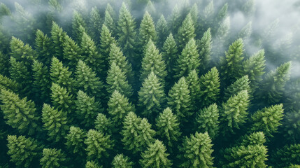 Fototapeta premium Misty landscape with fir forest. Misty pine forest during sunrise