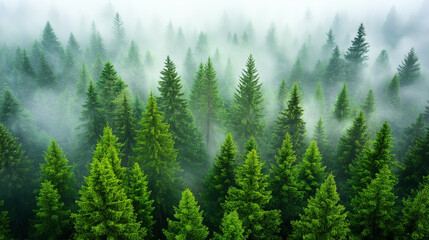 Obraz premium Misty landscape with fir forest. Misty pine forest during sunrise