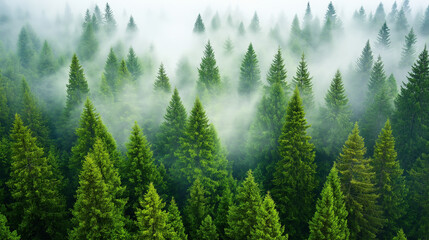 Fototapeta premium Misty landscape with fir forest. Misty pine forest during sunrise