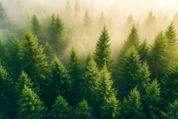 Fototapeta premium Misty landscape with fir forest. Misty pine forest during sunrise