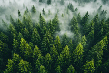 Misty landscape with fir forest. Misty pine forest during sunrise