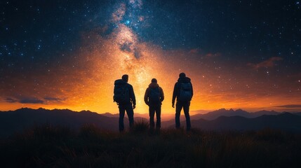 Fototapeta premium Three Hikers Witnessing a Breathtaking Milky Way Sunset