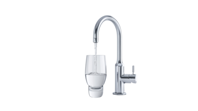 Modern chrome faucet pouring fresh water into glass on transparent background