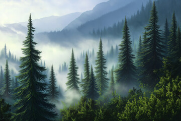 Fototapeta premium Misty landscape with fir forest. Misty pine forest during sunrise