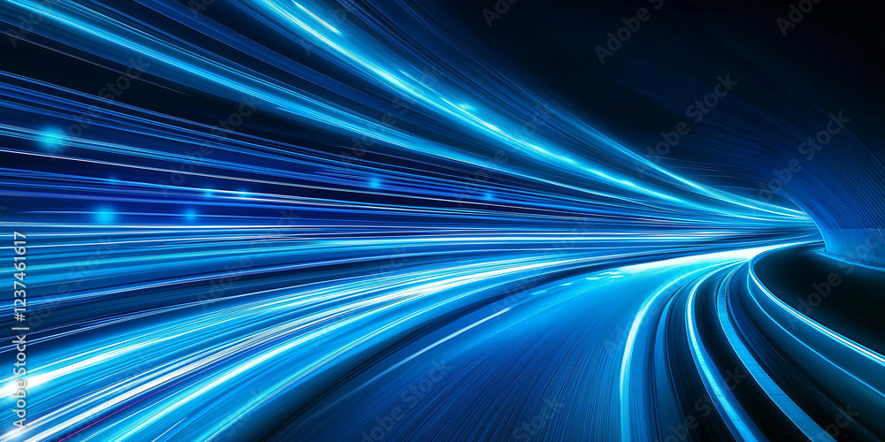 Poster fast speed motion blur through blue fiber optic tunnel network driving into digital matrix and cyber