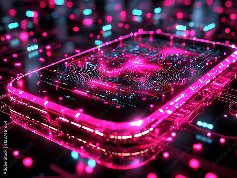 Poster cyberpunkstyle smartphone with glowing pink and cyan data streams. futuristic digital fingerprint sc