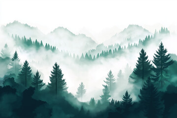 Fototapeta premium Misty landscape with fir forest. Misty pine forest during sunrise