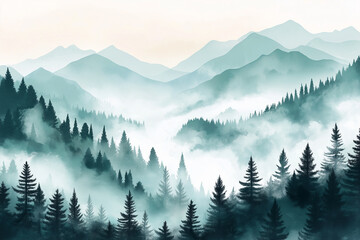 Fototapeta premium Misty landscape with fir forest. Misty pine forest during sunrise