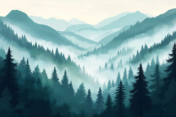 Fototapeta premium Misty landscape with fir forest. Misty pine forest during sunrise